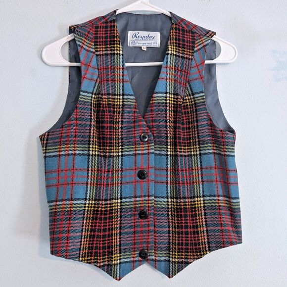 Vintage 90s Royatex Plaid Vest Pure New Wool Great Britain Academia Size 34 - Picture 1 of 6
